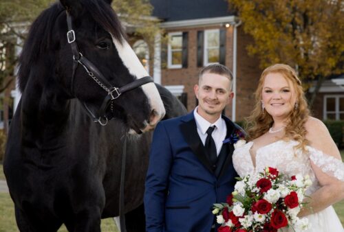Bride and groom posing with a black shire horse in front of the mansion in the fall